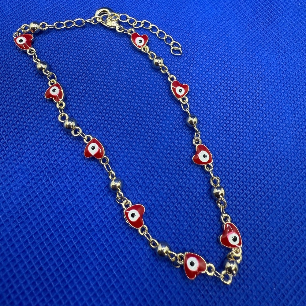 Pretty Bird - Gold and Red Heart Evil Eye Charm Anklet or Bracelet 10” ❤️🧿
